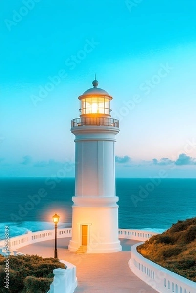 Fototapeta Coastal lighthouse glowing at twilight, path leading to it