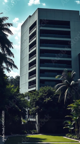 Obraz modern brutalism building with lush greenery, created by generative ai