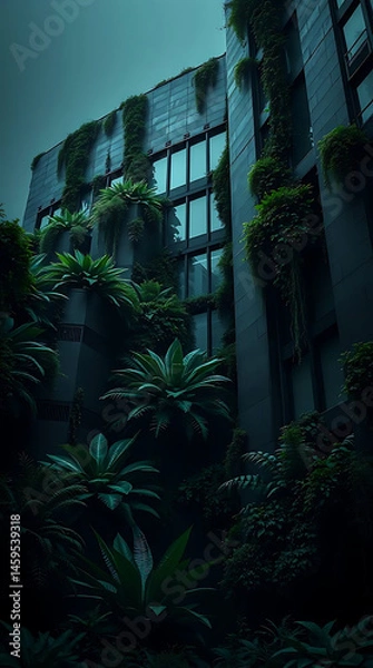 Obraz modern brutalism building with lush greenery, created by generative ai