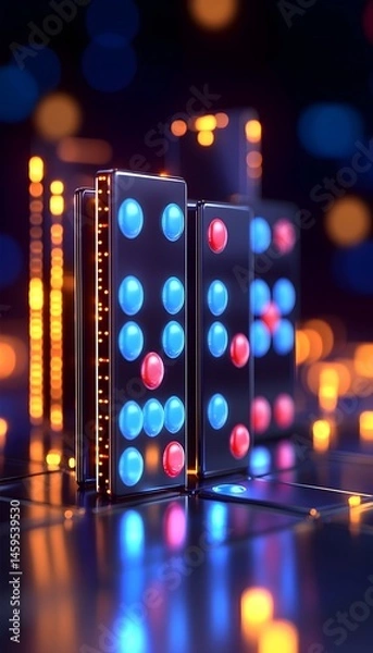 Fototapeta Futuristic city skyline rendered with vibrant glowing dominoes