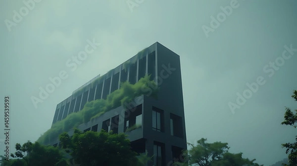 Fototapeta modern brutalism building with lush greenery, created by generative ai