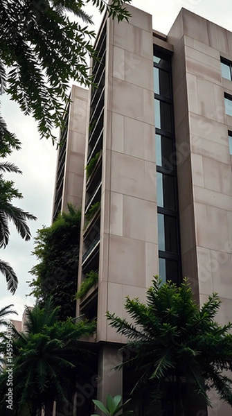 Obraz modern brutalism building with lush greenery, created by generative ai