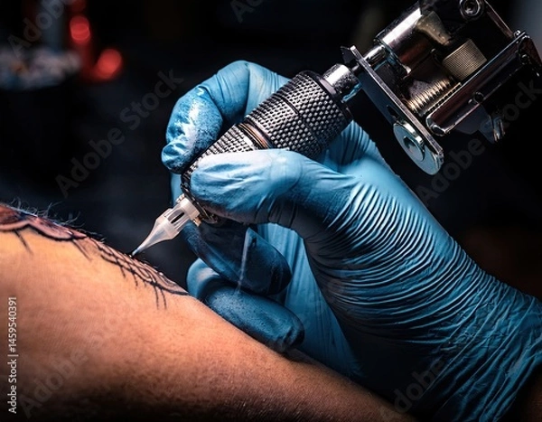 Fototapeta Detailed view of a tattoo artist working with a machine. Generated with AI