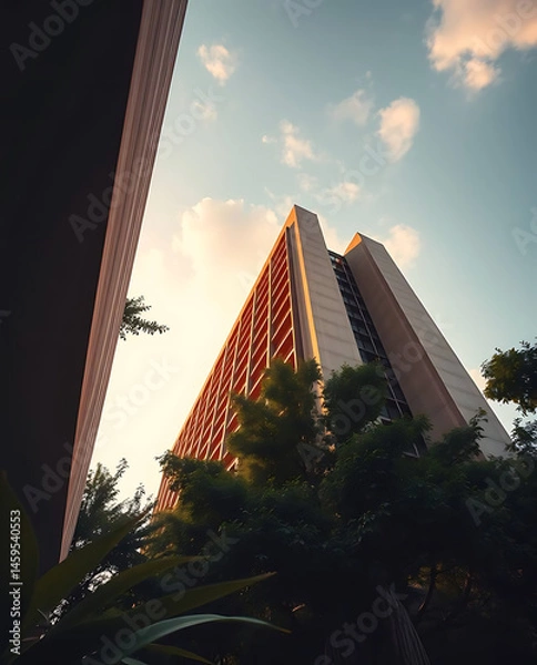 Obraz modern brutalism building with lush greenery, created by generative ai