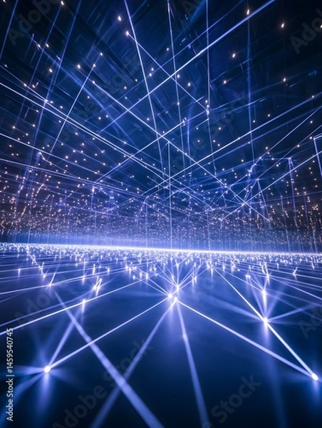 Fototapeta Illuminated network grid, glowing nodes connect across a vast, dark space