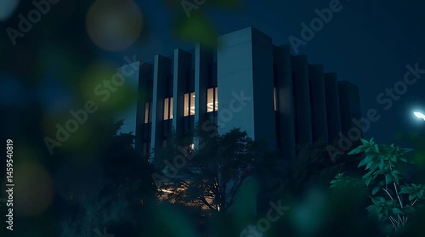 Obraz modern brutalism building with lush greenery, created by generative ai