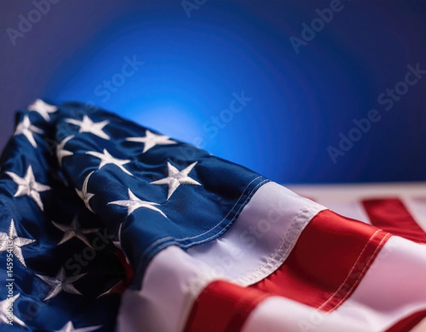 Fototapeta American flag on blue background, US presidential election. Generated with AI