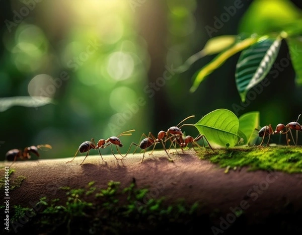 Fototapeta Leaf-carrying ants moving along a forest trail. Generated with AI
