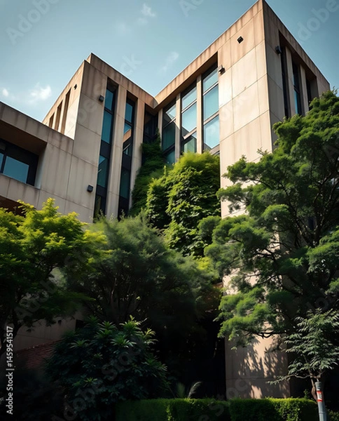 Obraz modern brutalism building with lush greenery, created by generative ai