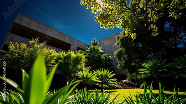 Obraz modern brutalism building with lush greenery, created by generative ai