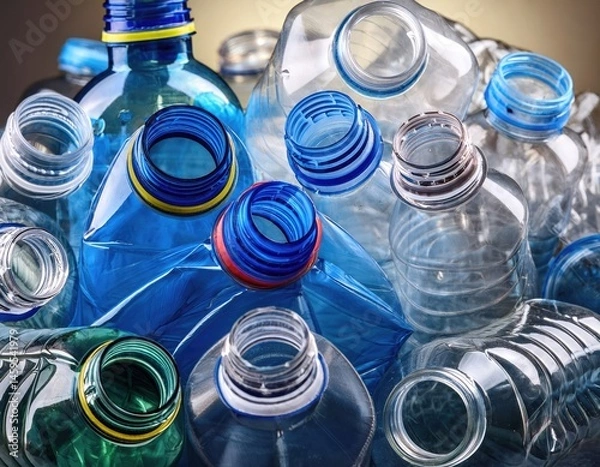 Fototapeta A pile of deformed and wrinkled PET bottles, emphasizing plastic disposal. Generated with AI