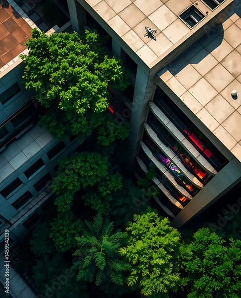 Obraz modern brutalism building with lush greenery, created by generative ai