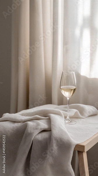 Obraz White Fabric Draped Over Table Edge with Glass of Vine
