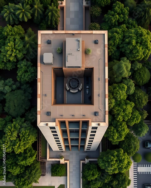 Fototapeta modern brutalism building with lush greenery, created by generative ai