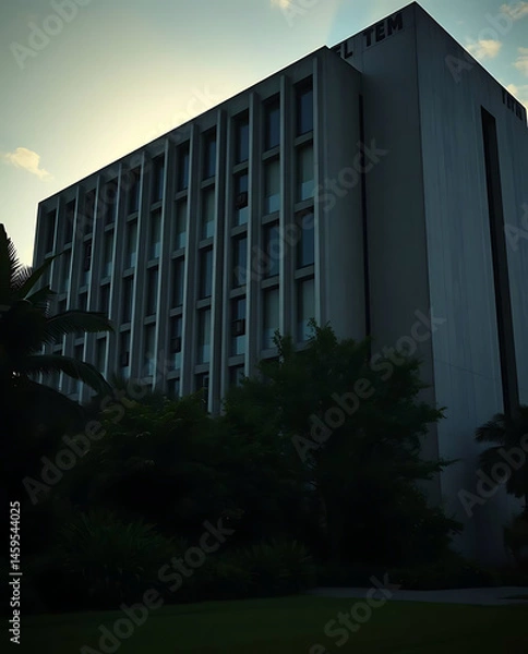 Obraz modern brutalism building with lush greenery, created by generative ai
