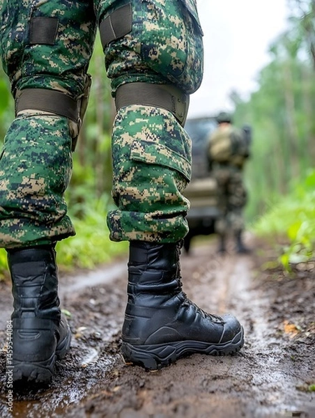 Fototapeta Soldier's legs in camouflage fatigues and boots on muddy path, another soldier in background
