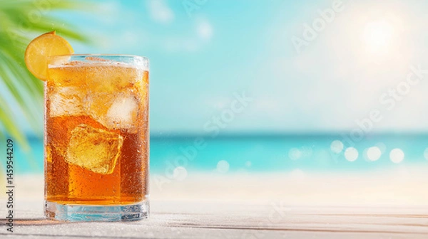 Fototapeta Tropical Iced Drink Refreshment:  A cold, refreshing beverage with ice and garnish sits on a table, overlooking the vibrant ocean and bright sky of a sun-kissed tropical locale.