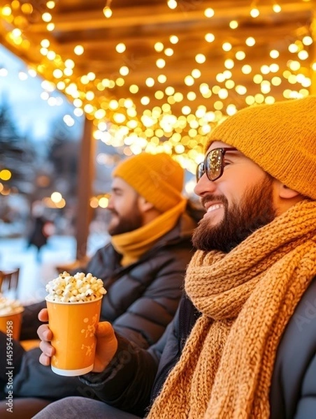 Fototapeta Two men enjoy popcorn under twinkling lights during winter