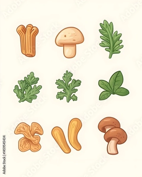 Fototapeta Watercolor illustration of various mushrooms, herbs, and leaves on a cream background