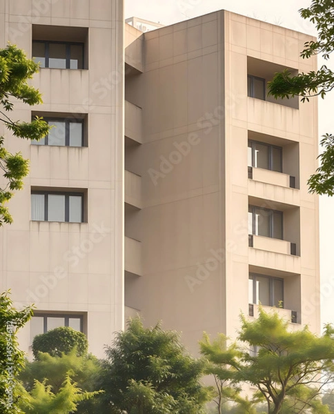 Fototapeta modern brutalism building with lush greenery, created by generative ai