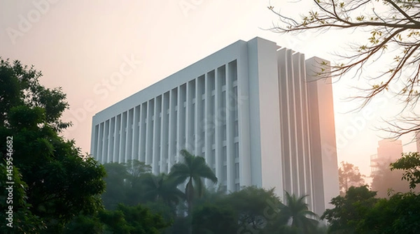 Obraz modern brutalism building with lush greenery, created by generative ai