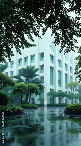 Fototapeta modern brutalism building with lush greenery, created by generative ai