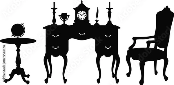 Obraz Vector Illustration of a Vintage Office Desk Setup with Globe, Candlesticks, Books, and Quill in Silhouette for Elegant Design Themes