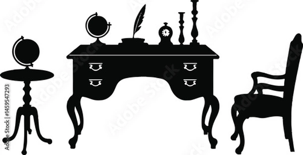 Obraz Vector Illustration of a Vintage Office Desk Setup with Globe, Candlesticks, Books, and Quill in Silhouette for Elegant Design Themes