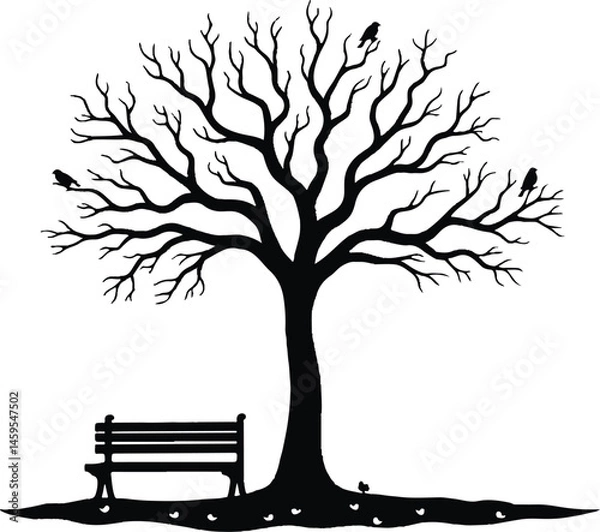 Obraz Vector Illustration of a Bare Tree Silhouette with Birds Perched on Branches and a Park Bench Below for Nature and Autumn-Themed Designs