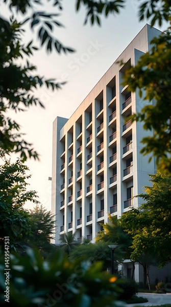 Obraz modern brutalism building with lush greenery, created by generative ai