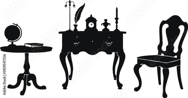 Obraz Vector Illustration of a Vintage Office Desk Setup with Globe, Candlesticks, Books, and Quill in Silhouette for Elegant Design Themes