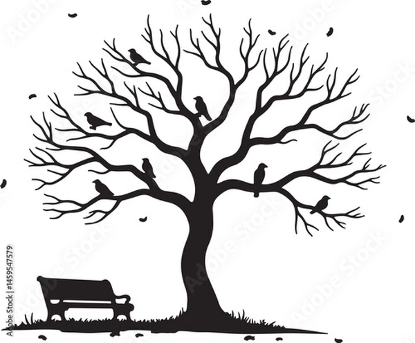 Obraz Vector Illustration of a Bare Tree Silhouette with Birds Perched on Branches and a Park Bench Below for Nature and Autumn-Themed Designs