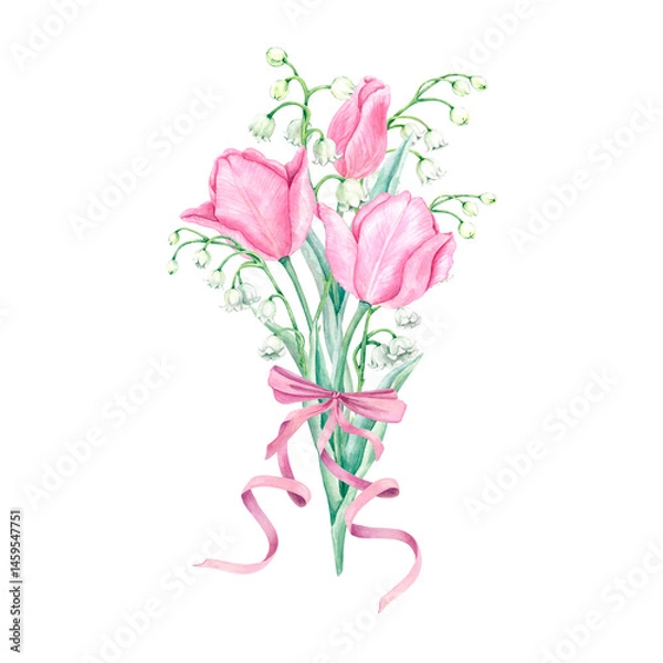 Fototapeta Watercolor bouquet of spring flowers. Blooming pink tulips and delicate white lilies of the valley tied with a ribbon with a bow. Botanical illustration for print, postcard, gift wrapping.