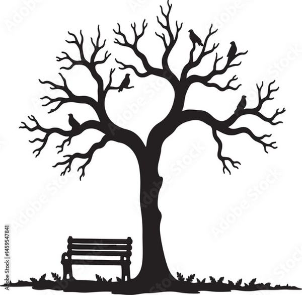Obraz Vector Illustration of a Bare Tree Silhouette with Birds Perched on Branches and a Park Bench Below for Nature and Autumn-Themed Designs