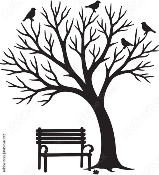 Obraz Vector Illustration of a Bare Tree Silhouette with Birds Perched on Branches and a Park Bench Below for Nature and Autumn-Themed Designs