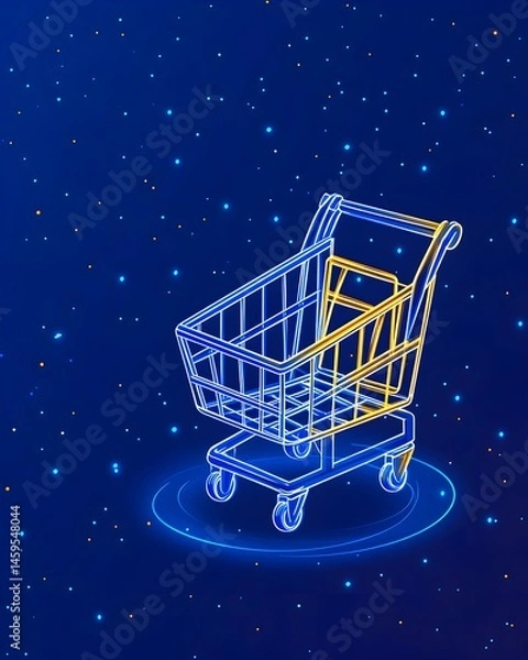 Fototapeta A glowing wireframe shopping cart floats on a digital, starry backdrop, symbolizing online retail