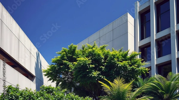 Obraz modern brutalism building with lush greenery, created by generative ai