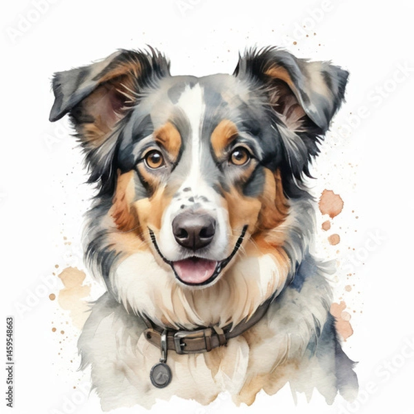 Obraz Vivid portrait of an adorable Australian Shepherd dog illustrated in a watercolor style.