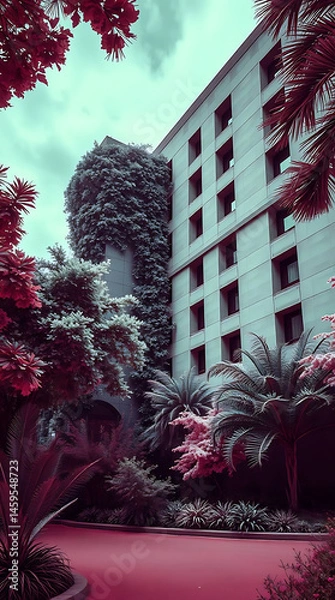 Obraz modern brutalism building with lush greenery, created by generative ai