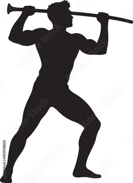 Obraz Vector Illustration of a Strong Silhouette Holding a Long Pole in a Dynamic Stance, Representing Power, Readiness, and Strength in Motion