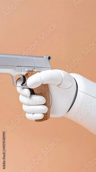 Fototapeta A robotic hand grips a silver handgun against a muted orange backdrop