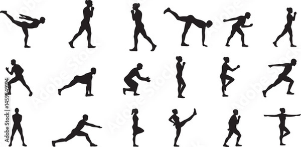 Obraz Vector Illustration of Silhouettes Performing Various Fitness Exercises Including Weightlifting, Squats, Running, Kicking, and Stretching