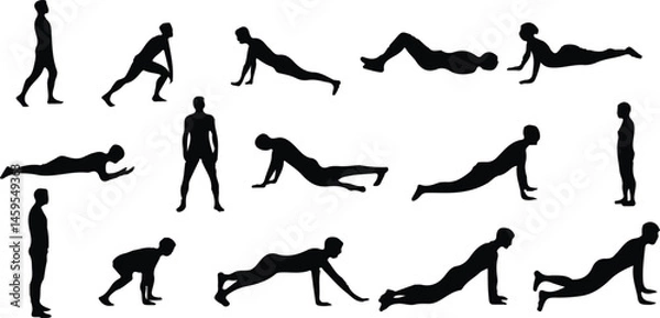Obraz Vector Illustration of Silhouettes Performing Various Fitness Exercises Including Weightlifting, Squats, Running, Kicking, and Stretching