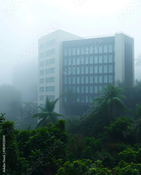Obraz modern brutalism building with lush greenery, created by generative ai