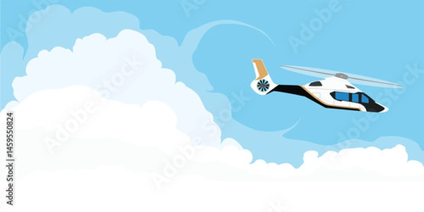 Fototapeta White, luxury, realistic helicopter flying in the blue sky with clouds