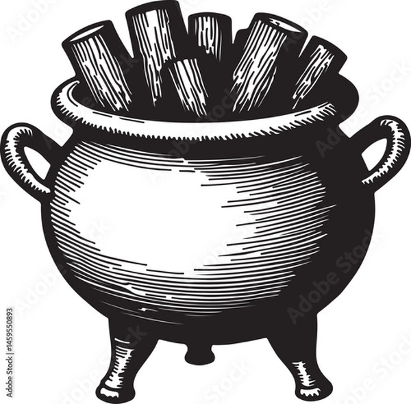 Obraz Vintage Vector Illustration of a Cauldron with Firewood Featuring Hand-Drawn Sketch Style for Halloween, Witchcraft, Medieval, and Magic-Themed Designs