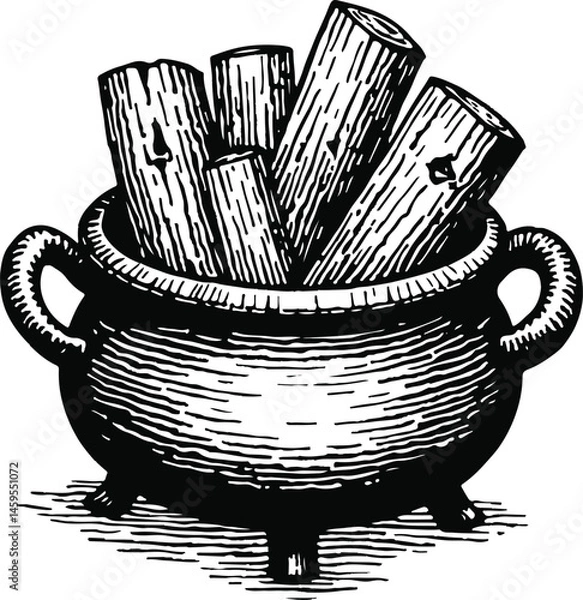 Obraz Vintage Vector Illustration of a Cauldron with Firewood Featuring Hand-Drawn Sketch Style for Halloween, Witchcraft, Medieval, and Magic-Themed Designs