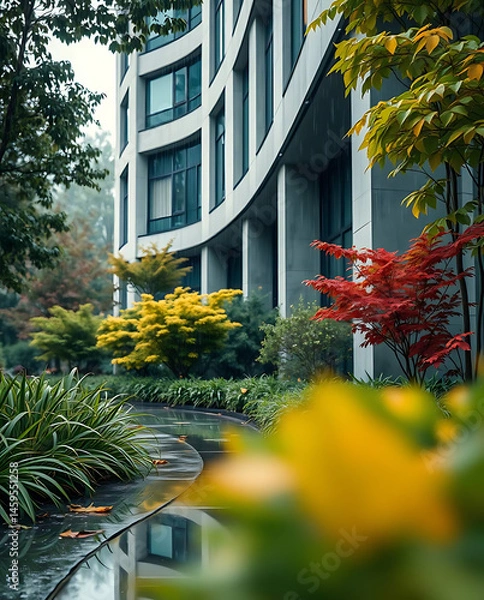 Fototapeta modern brutalism building with lush greenery, created by generative ai