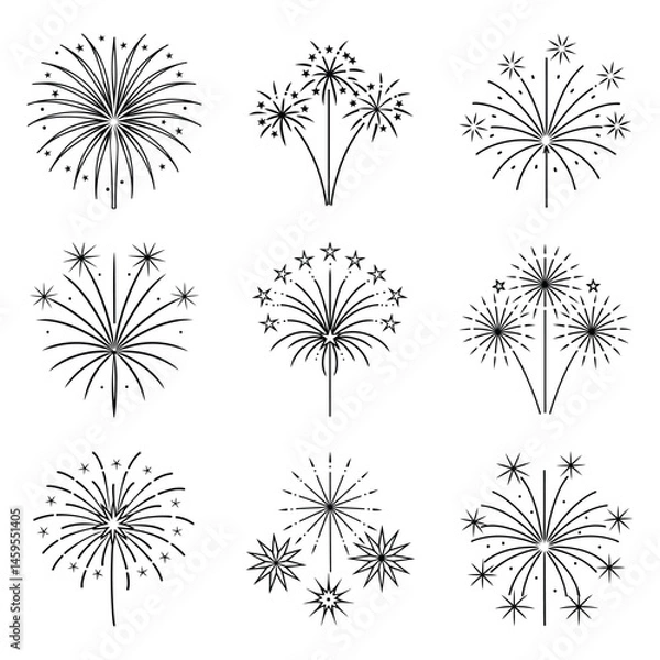 Obraz Set of fire works sketch drawing line art vector illustration on white background.