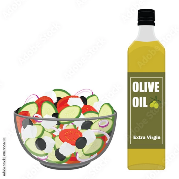 Fototapeta Traditional Greek salad with slices of feta cheese, tomatoes and olives in a glass bowl, and a bottle of fresh olive oil